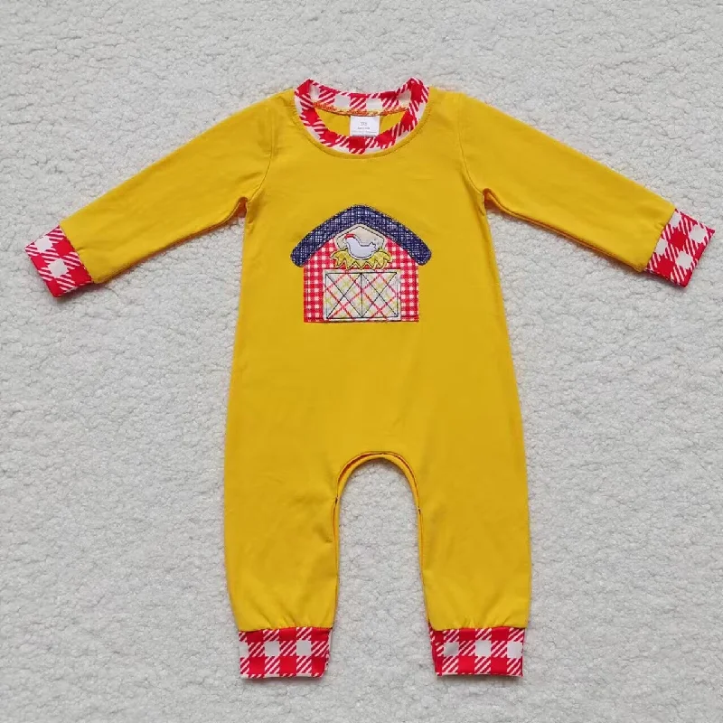 LR0384 Thanksgiving Chicken Red Yellow Embroidery Boys Long Sleeve Romper