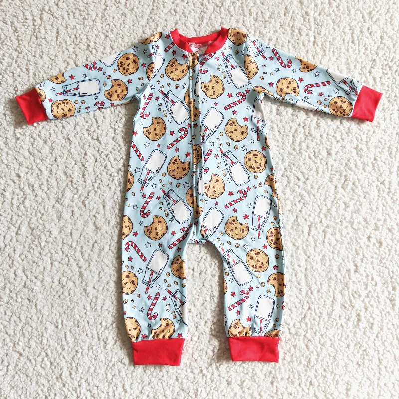 LR0186 Christmas Red Blue Santa Milk Cake Cookies Boys Long Sleeve Romper