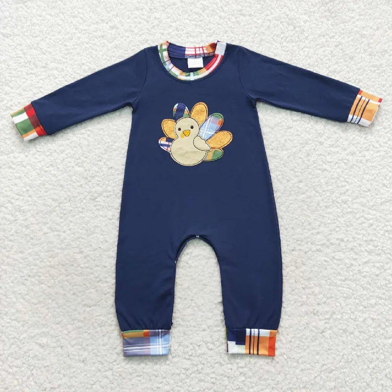 LR0367 Thanksgiving Blue Turkey Embroidery Boys Long Sleeve Romper