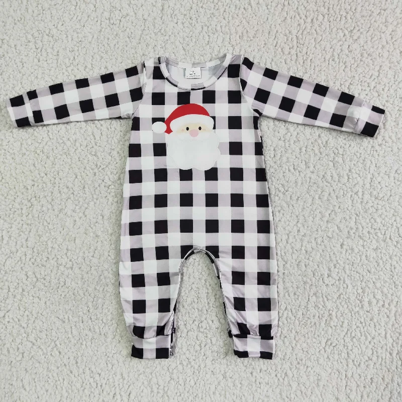 Clearance 6 A19-25 Christmas Santa Blue Plaid Boys Long Sleeve Romper