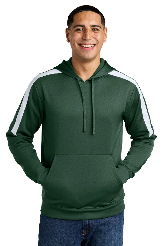 Sport-Tek Mens Sport-Wick Moisture Wicking United Fleece Hooded Sweatshirt Hoodie w/ Pouch Pocket - Forest Green/White - New