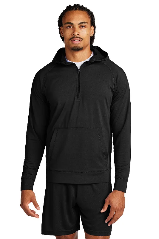 Sport-Tek Mens Sport-Wick Moisture Wicking 1/4 Zip Hooded Sweatshirt Hoodie w/ Pouch Pocket - Black - New