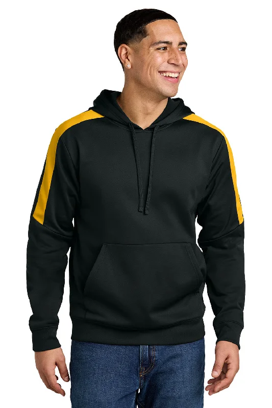 Sport-Tek Mens Sport-Wick Moisture Wicking United Fleece Hooded Sweatshirt Hoodie w/ Pouch Pocket - Black/Gold - New