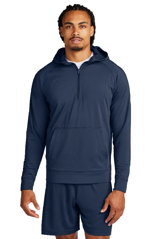 Sport-Tek Mens Sport-Wick Moisture Wicking 1/4 Zip Hooded Sweatshirt Hoodie w/ Pouch Pocket - True Navy Blue - New