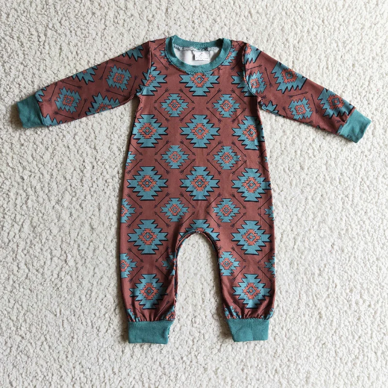 LR0187 Blue Brown Print Boys Long Sleeve Romper