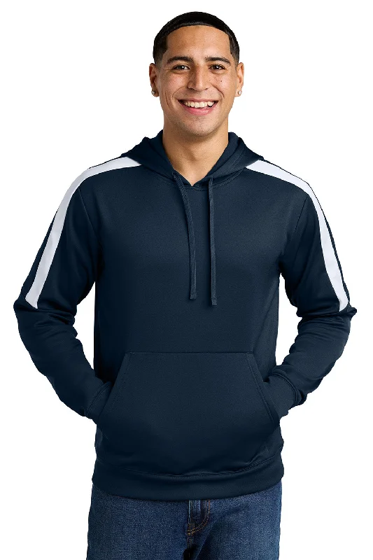 Sport-Tek Mens Sport-Wick Moisture Wicking United Fleece Hooded Sweatshirt Hoodie w/ Pouch Pocket - Navy Blue/White - New