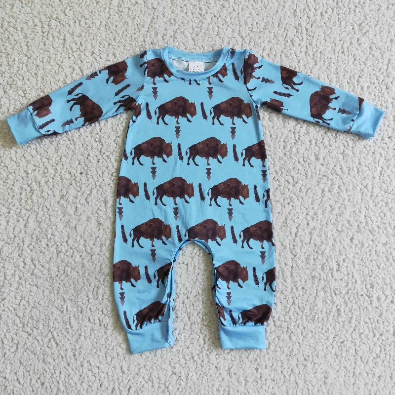 LR0057 Blue Highland Cows Cartoon Boys Long Sleeve Romper