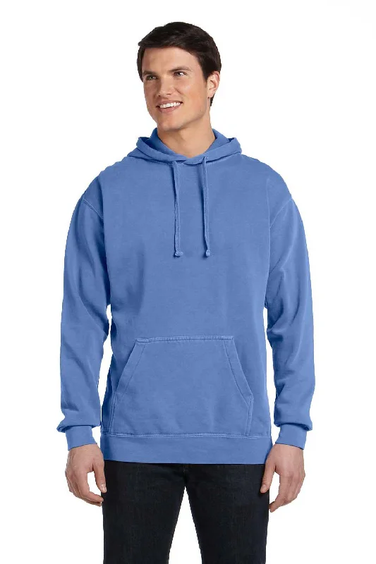 Comfort Colors Mens Hooded Sweatshirt Hoodie w/ Pouch Pocket - Flo Blue