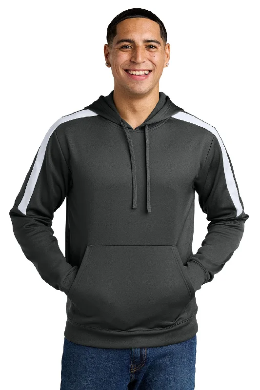 Sport-Tek Mens Sport-Wick Moisture Wicking United Fleece Hooded Sweatshirt Hoodie w/ Pouch Pocket - Iron Grey/White - New