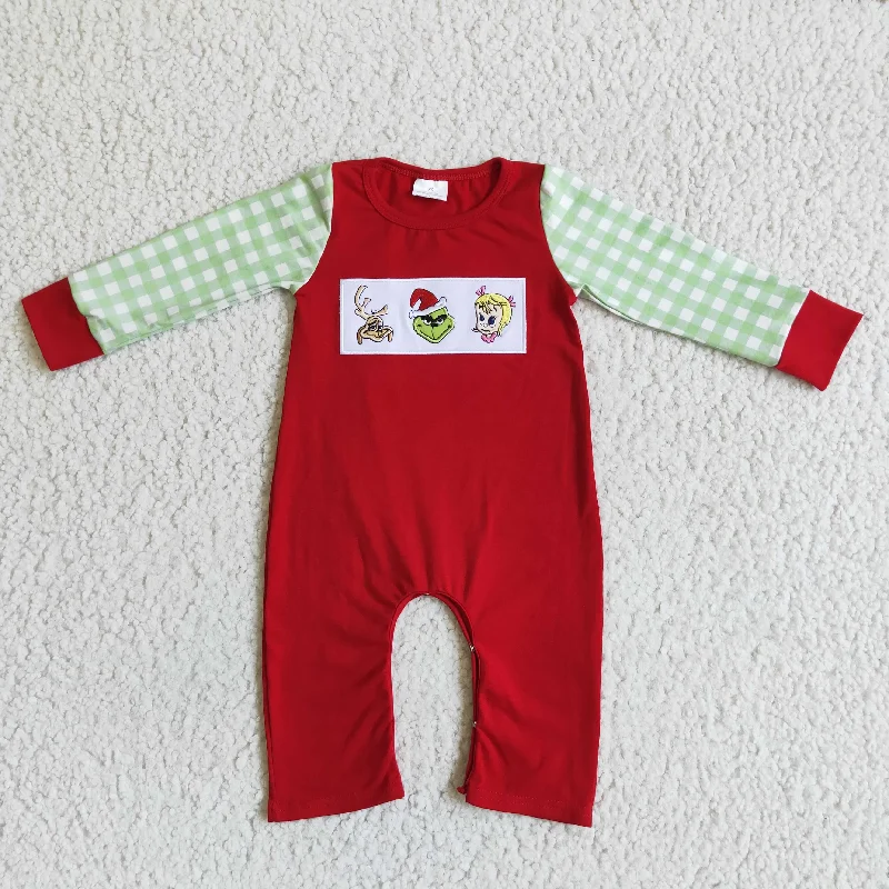 LR0019 Christmas Green Red Cartoon Embroidery Boys Long Sleeve Romper