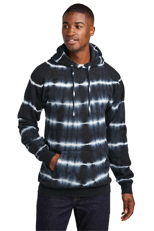 Port & Company Mens Allover Stripe Tie-Dye Fleece Hooded Sweatshirt Hoodie w/ Pouch Pocket - Black/White - New