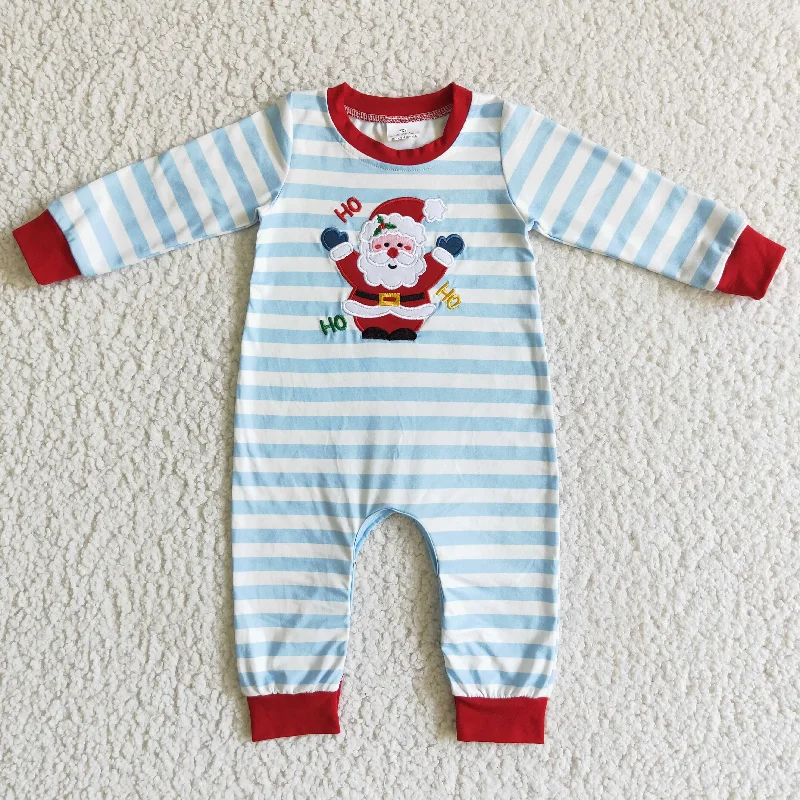 LR0121 Christmas Ho Santa Blue Red Stripes Embroidery Boys Long Sleeve Romper