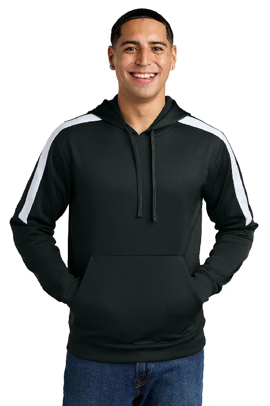 Sport-Tek Mens Sport-Wick Moisture Wicking United Fleece Hooded Sweatshirt Hoodie w/ Pouch Pocket - Black/White - New