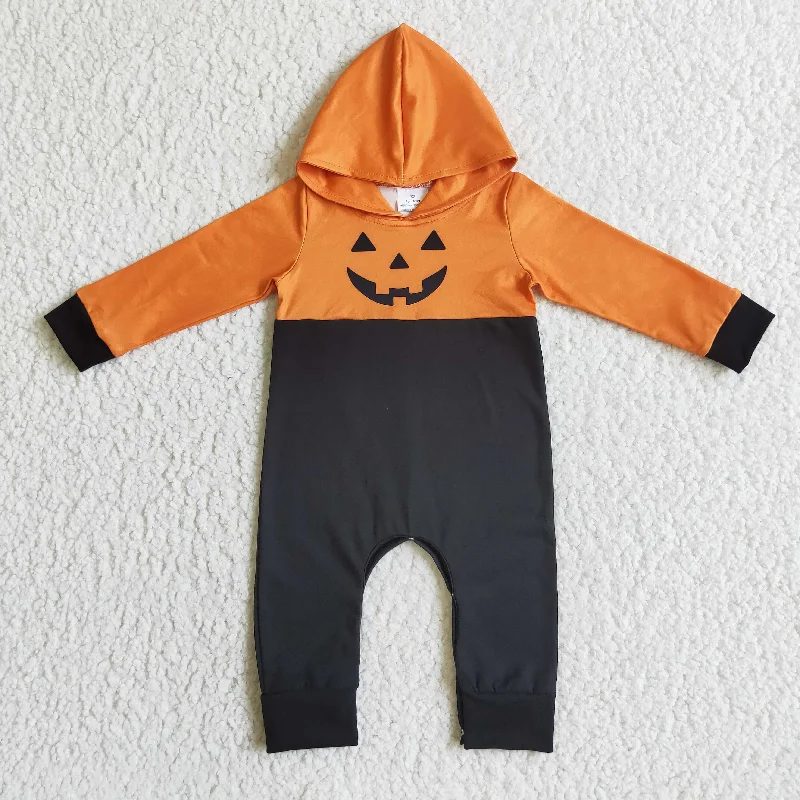 BLP0061 Halloween Pumpkin Orange Black Boys Long Sleeve Romper Hoodies