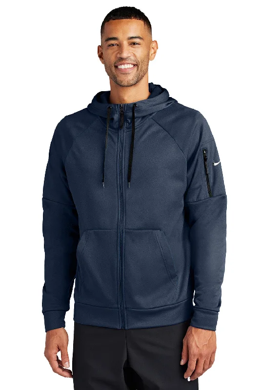 Nike Mens Therma-Fit Fleece Full Zip Hooded Sweatshirt Hoodie w/ Pockets - Navy Blue - New