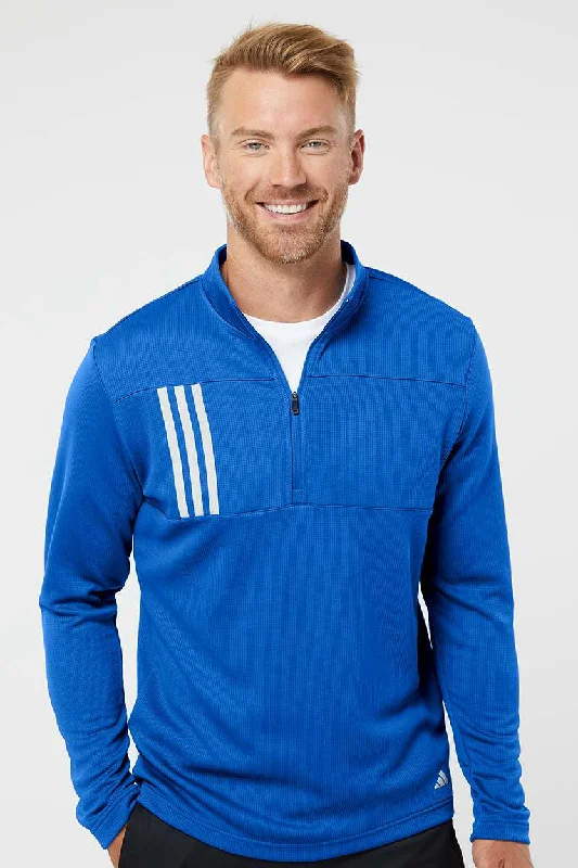 Adidas Mens 3 Stripes Double Knit Moisture Wicking 1/4 Zip Sweatshirt - Team Royal Blue/Grey