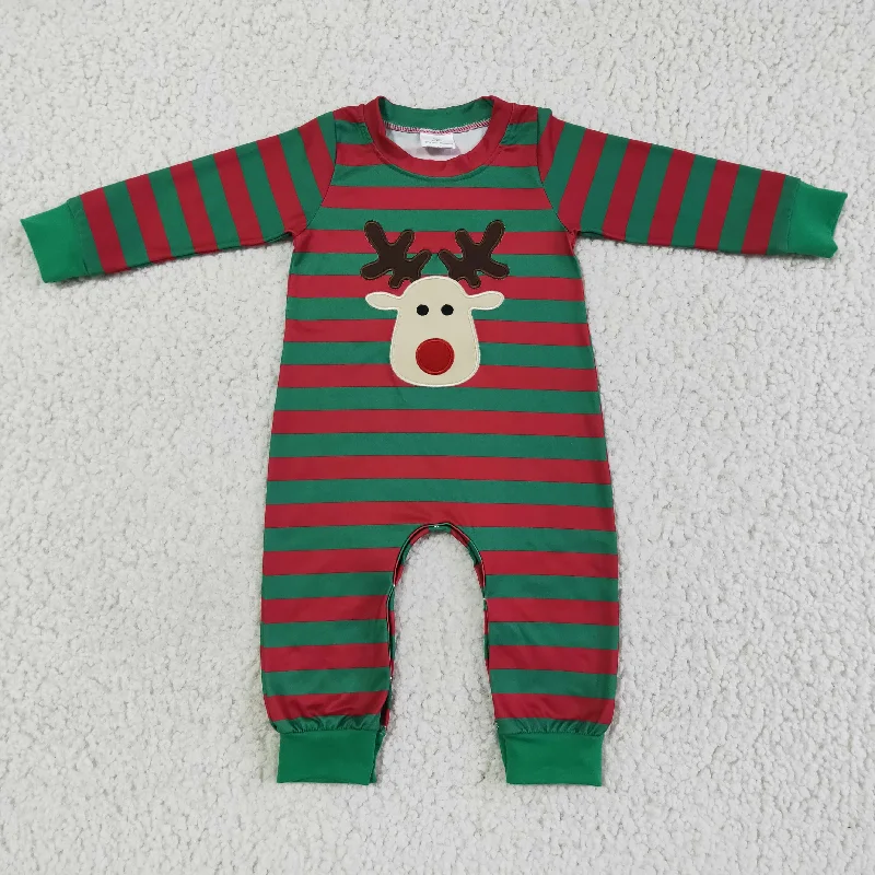 LR0028 Christmas Green Red Stripes Deer Cartoon Embroidery Boys Long Sleeve Romper