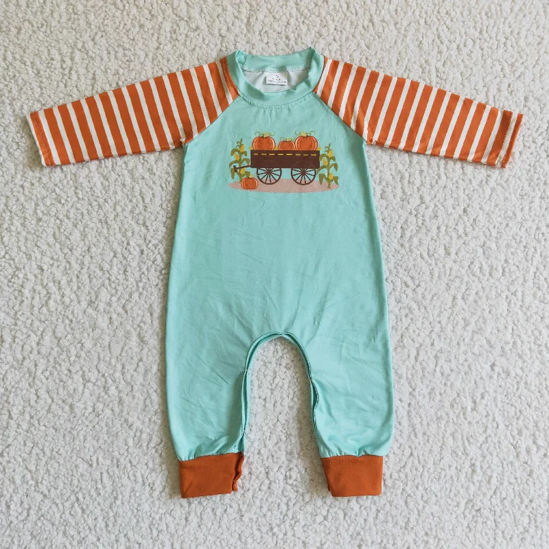 LR0046 Halloween Pumpkin Blue Orange Stripes Boys Long Sleeve Romper