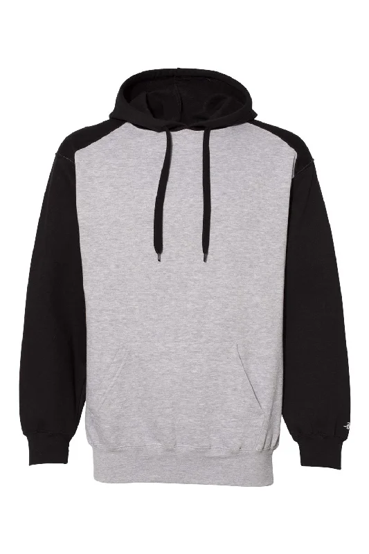 Badger Mens Athletic Fleece Hooded Sweatshirt Hoodie w/ Pouch Pocket - Oxford Grey/Black - Closeout