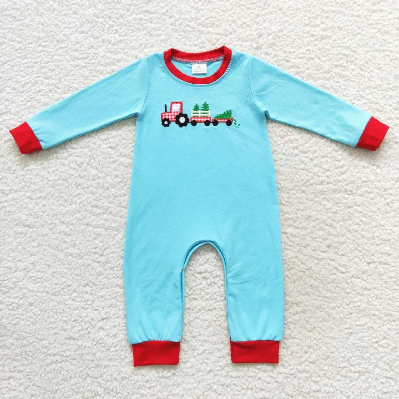 LR0500 Christmas Red Blue Tree Embroidery Boys Long Sleeve Romper