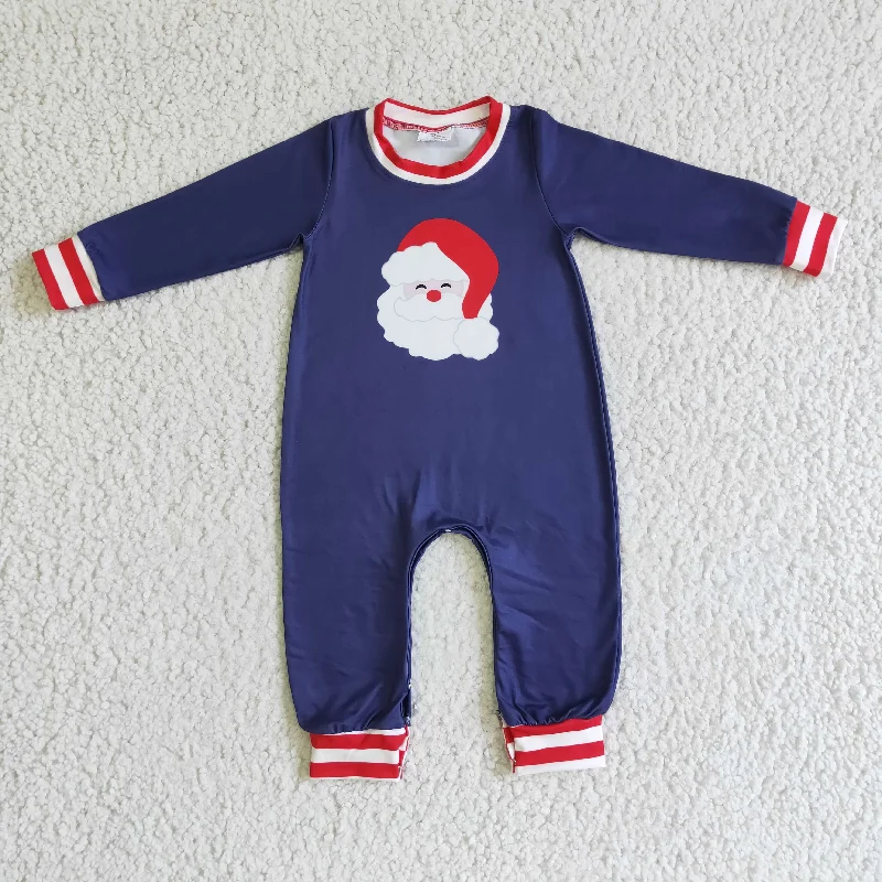 LR0174 Christmas Santa Red Blue Stripes Boys Long Sleeve Romper