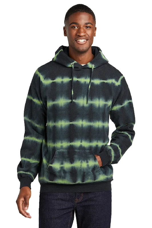 Port & Company Mens Allover Stripe Tie-Dye Fleece Hooded Sweatshirt Hoodie w/ Pouch Pocket - Green Tea/Black - New