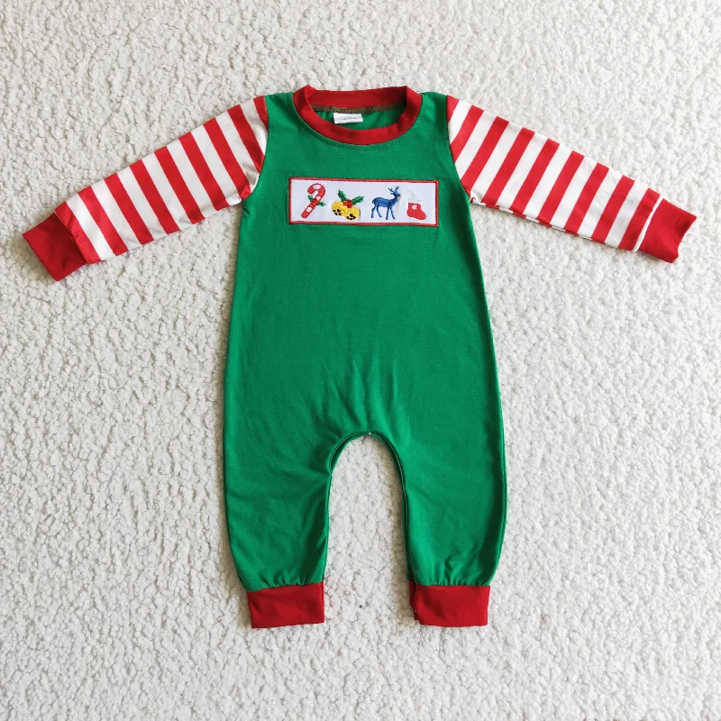 LR0110 Christmas Reindeer Red Stripes Green Embroidery Boys Long Sleeve Romper