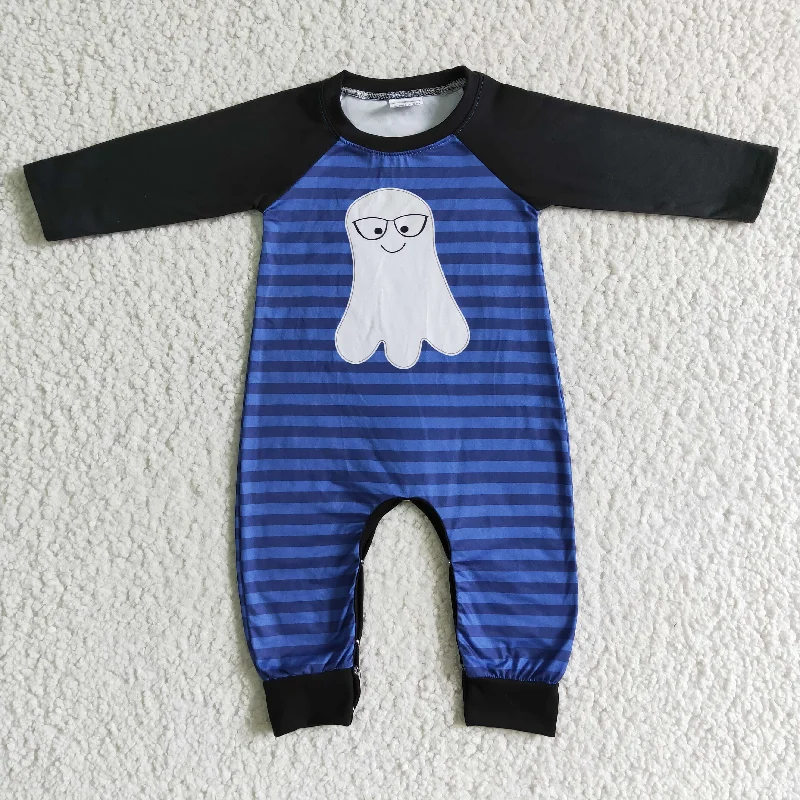 LR0066 Halloween Glasses Ghost Cartoon Black Blue Stripes Boys Long Sleeve Romper