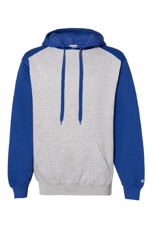 Badger Mens Athletic Fleece Hooded Sweatshirt Hoodie w/ Pouch Pocket - Oxford Grey/Royal Blue - Closeout