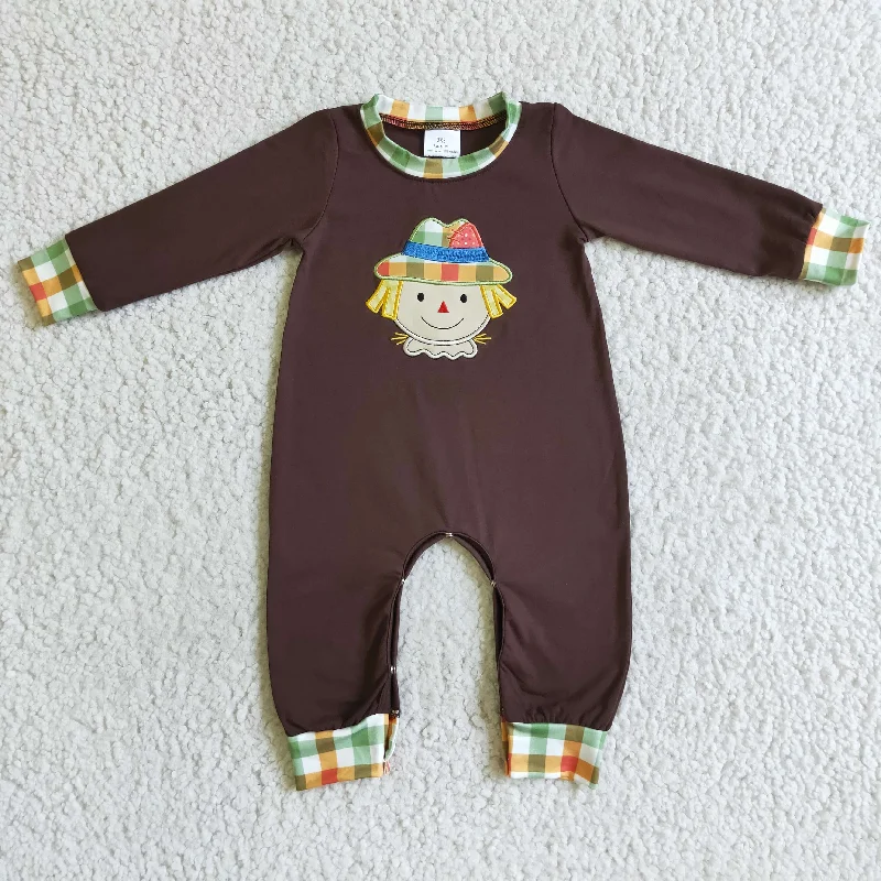 LR0034 Brown Scarecrow Plaid Embroidery Boys Long Sleeve Romper