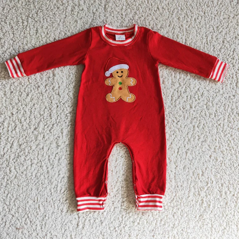 LR0195 Christmas Red Stripes Santa Gingerbread Cake Cookies Embroidery Boys Long Sleeve Romper