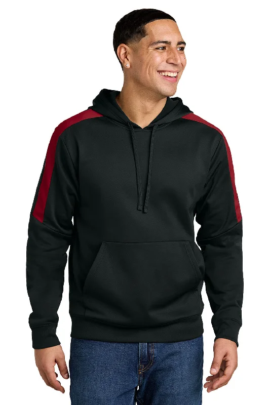 Sport-Tek Mens Sport-Wick Moisture Wicking United Fleece Hooded Sweatshirt Hoodie w/ Pouch Pocket - Black/Deep Red - New