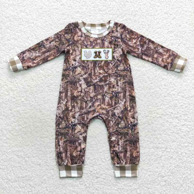 LR0527  Christmas Green Camo Deer Cartoon Embroidery Boys Long Sleeve Romper