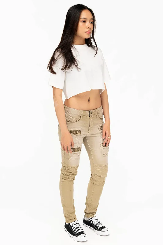 ROBIN'S WOMENS SKINNY UTILITARIAN JEANS IN SULFUR SAND WASH WITH STUDS