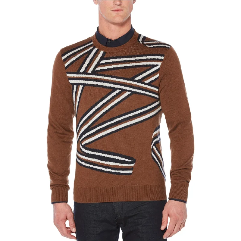 Perry Ellis Mens Jacquard Pullover Sweater, Brown, Large