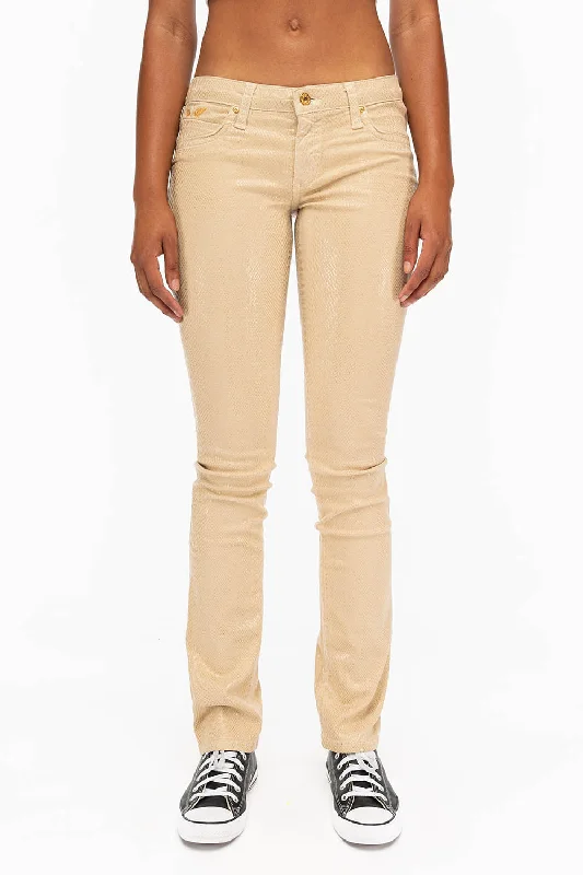 MARILYN WOMENS STRAIGHT JEANS IN LIZARD KHAKI WITH GOLD WINGS