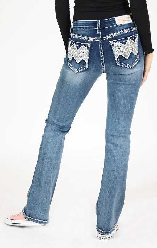 GRACE IN LA CHEVRON STITCHED EMBELLISHED MID RISE BOOTCUT JEANS STYLE EB-81512