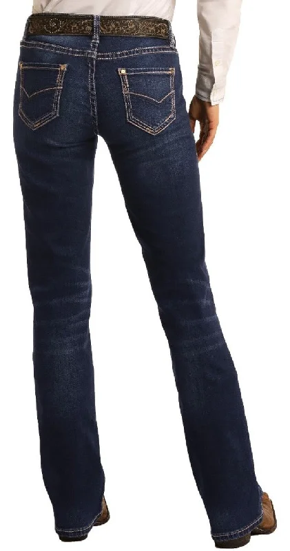 Rock and Roll Cowgirl Riding Extra Stretch Dark Wash Jeans Style W7-4166