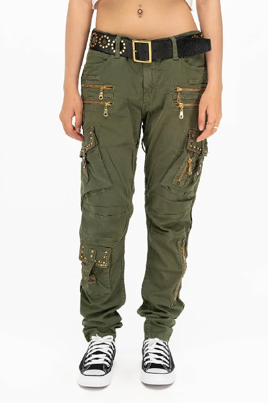 RAPTOR MILITARY STYLE WOMENS CARGO PANTS IN GREEN ARMY WITH STUDS AND CRYSTALS