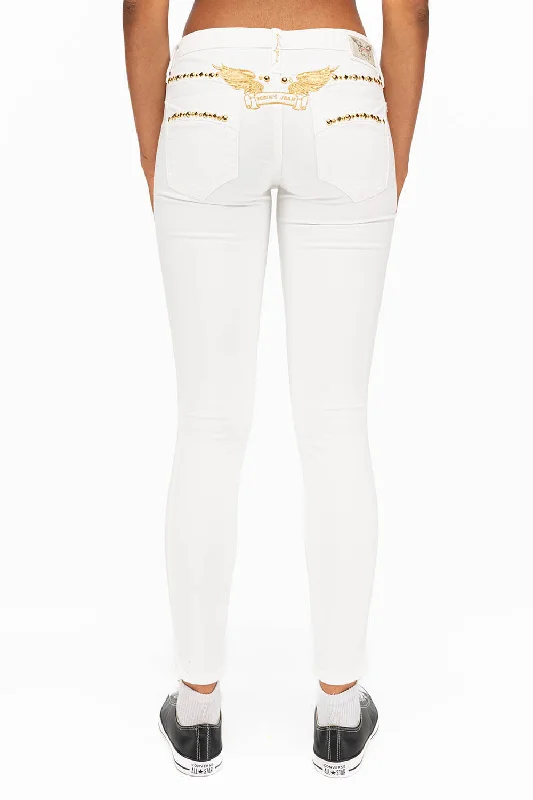 MARILYN WOMENS STUDDED SKINNY JEANS IN WHITE WITH GOLD WINGS AND GOLD STUDS AND CRYSTALS