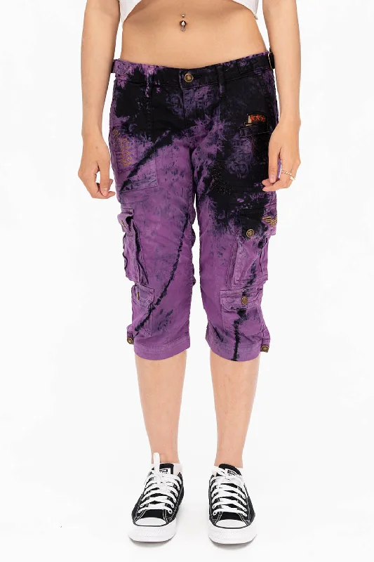 MILITARY STYLE ASSORTED PATCH WOMENS CARGO SHORTS IN TYE DYE PURPLE AND BLACK WASH