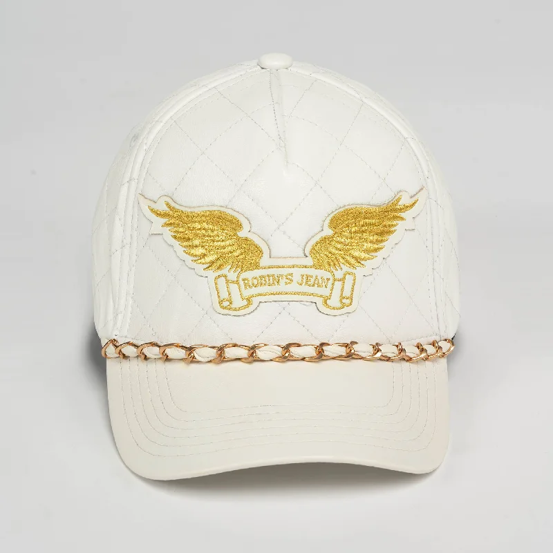 ROBINS LEATHER QUILTED CAP WITH GOLD WINGS STUDS AND COPPER CHAIN IN WHITE