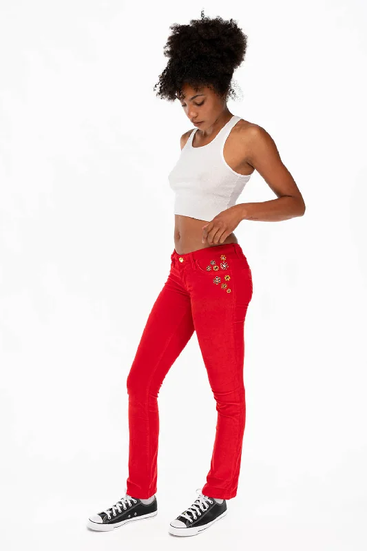 CRYSTAL FLOWER STRAIGHT LEG BABY CORDS IN RED