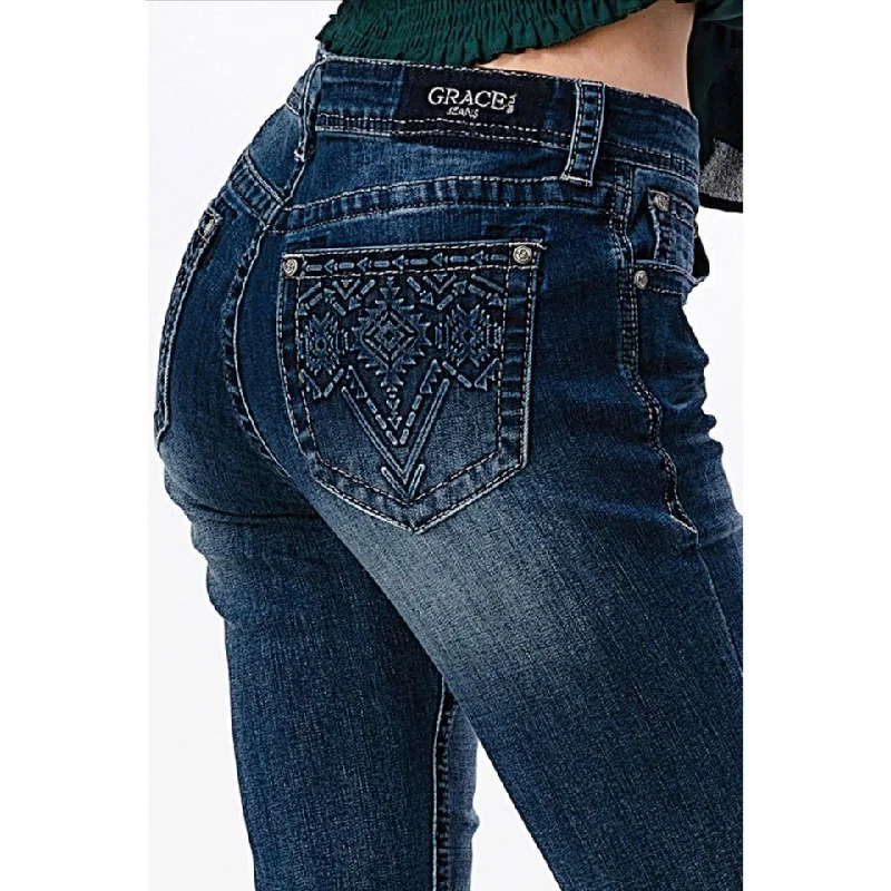 Grace in LA Women's Plus Medium Wash 3D Aztec Pocket Design Bootcut Jeans Style PB61702