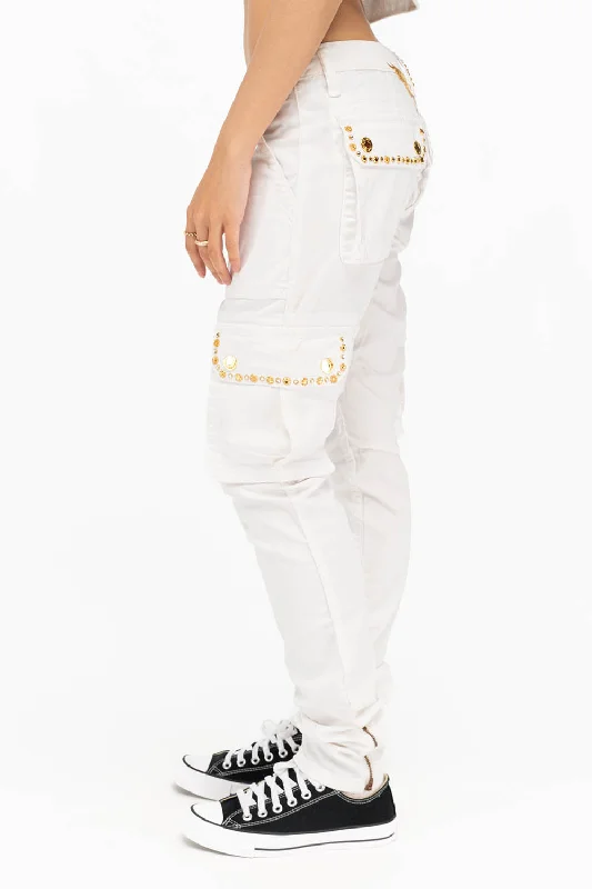 NEW MILITARY STYLE WOMENS SKINNY EMBELLISHED CARGO PANTS IN WHITE