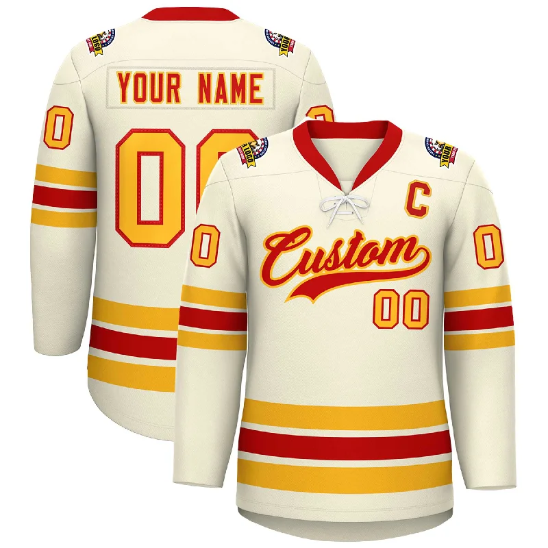 Custom Cream Red-Yellow Lace-Up Neck Hockey Jersey