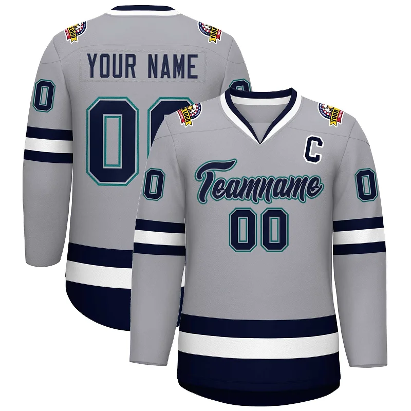 Custom Gray Navy Gray-Aqua Classic Style Hockey Jersey