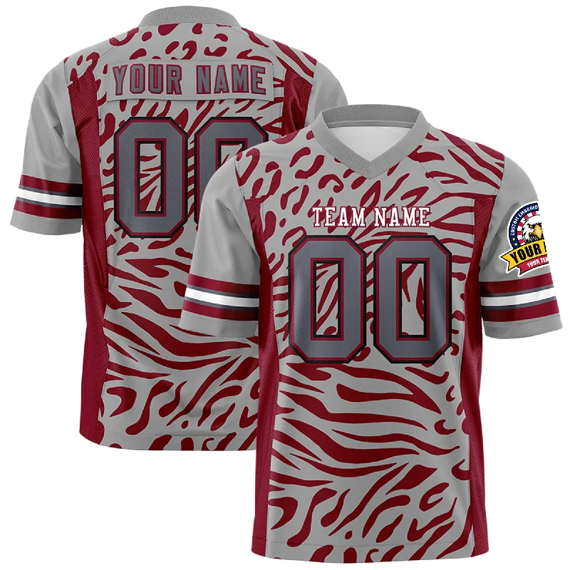 Custom Gray White-Crimson Personalized Zebra Stripes Pattern Authentic Football Jersey