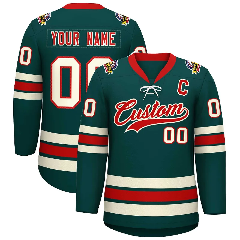 Custom Midnight Green Red-Cream Lace-Up Neck Hockey Jersey