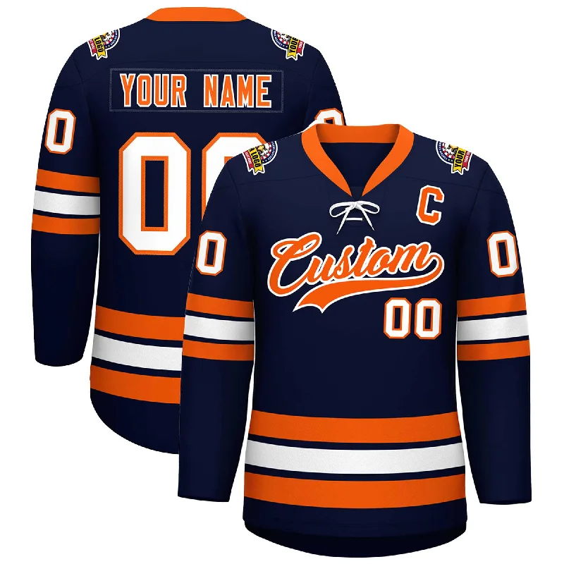 Custom Navy Orange-White Lace-Up Neck Hockey Jersey